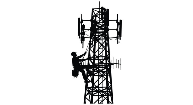 A worker ascends a tall communication tower skillfully climbing the lattice structure depicted as a silhouette high quality professional detailed modern