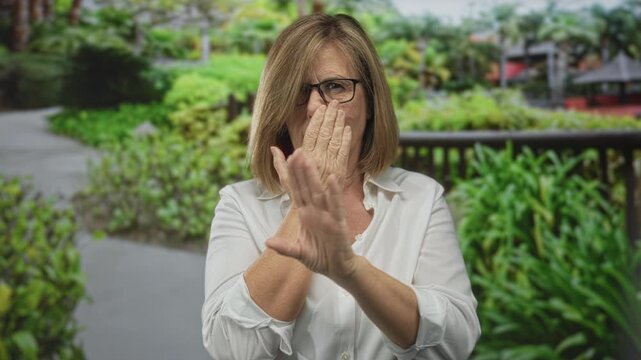 Woman in white shirt holds both hands flat forward on pathway in park stop gesture; concern warning boundary.