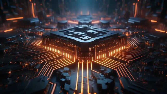 Futuristic digital circuit board with glowing orange lines.