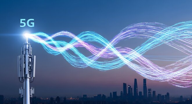 A 5g cellular network tower broadcasting high speed data signals across a modern city skyline