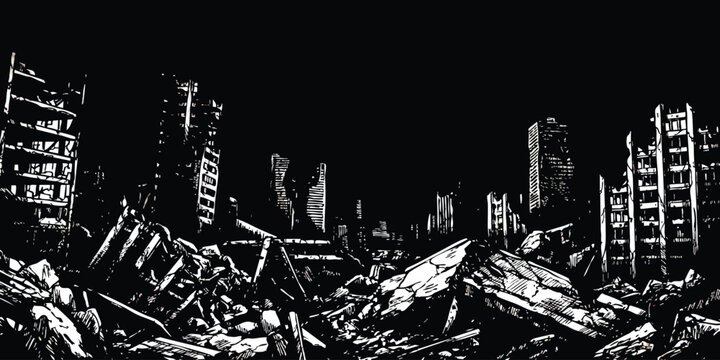 Post-apocalyptic ruined city landscape with destroyed buildings and rubble in high contrast black and white vector illustration style