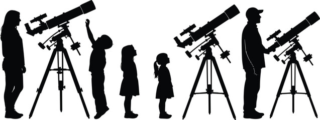 Silhouette of family with children using telescopes for stargazing and astronomy education isolated on white background for science and night sky exploration. © MstSelina