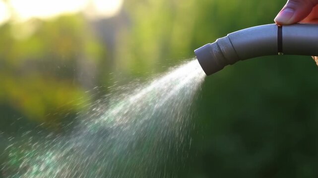 Slow motion close up pan of garden hose nozzle spraying water stream in backyard garden during golden afternoon sunlight