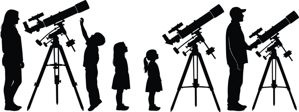 Silhouette of family with children using telescopes for stargazing and astronomy education isolated on white background for science and night sky exploration.