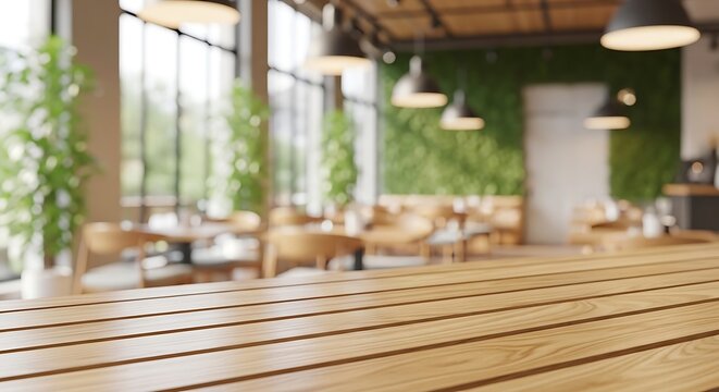 Empty wooden table surface in front of blurred modern cafe restaurant interior with green plant wall and bright natural window light bokeh
