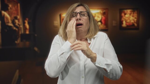 Woman wearing glasses in white shirt pressing hands on cheeks for toothache in building; discomfort.