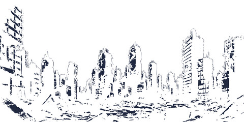 Fototapeta premium Minimalist post-apocalyptic destroyed city skyline illustration featuring ruined buildings and urban destruction in a stencil vector art style