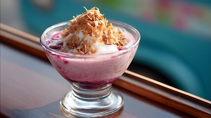 Luscious Pink Fruit Layered Dessert with Toasted Coconut Flakes in a Clear Glass Goblet
