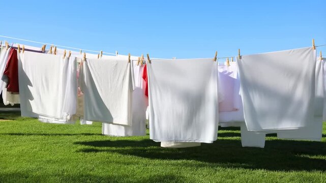 Panning shot of laundry on clothesline swaying over green backyard lawn under clear blue sky on sunny summer morning