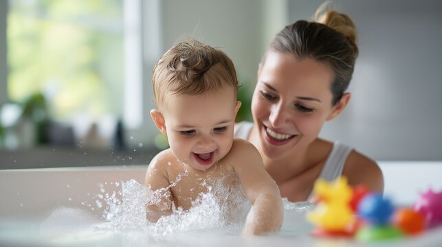 Mother enjoying bath time with smiling baby in bright bathroom  