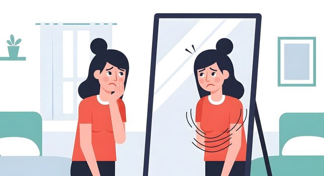 Young Woman Feeling Anxious and Distressed Looking in Mirror.