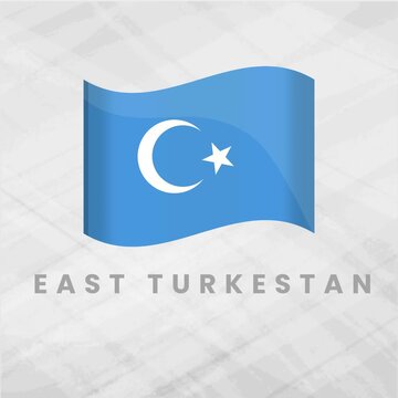 East Turkestan Flag Waving 3D Vector; Blue Field with White Crescent and Star National Symbol Illustration