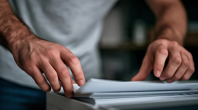 Close-up of hands tearing a document from a stack symbolizing rejection dismissal or difficult decision-making in a business or legal context