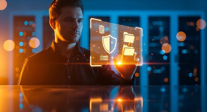 Cyber security analyst managing protected data folders on a glowing digital interface screen within a dark high tech server room environment tonight