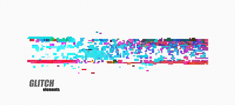 Abstract pixel glitch with heavy right cluster, magenta stripe and cyan blocks, scattered pixels on checkerboard transparency grid for cyberpunk banners and overlays, vector.