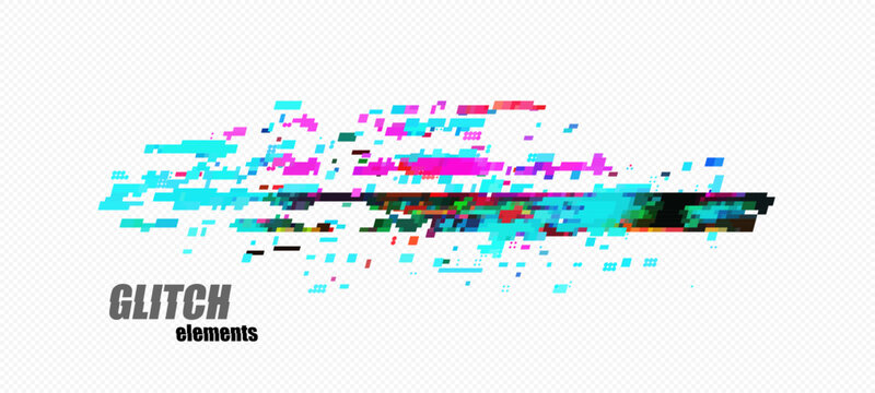 Abstract pixel glitch with right dark block, cyan mass and magenta accents, scattered pixels on checkerboard transparency grid for tech headers and overlays, vector.