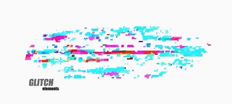 Abstract pixel glitch with wide cyan field, magenta accents and a thin red line, scattered fragments on transparency grid for digital distortion banners and overlays, vector.