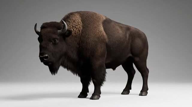 A large brown bison standing on a white surface with a gray background, viewed from the side, with a slight shadow underneath.
