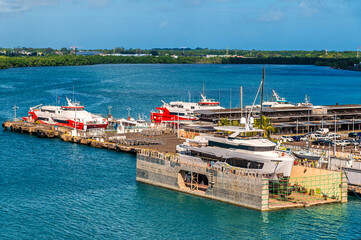 A view towards dry docks in Pointe a Pitre from the cruise terminal in Guadeloupe on a bright morning