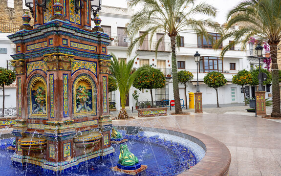 Famous Plaza de Espa&ntilde;a in the old town of Vejer de la Frontera, Andalusia, Spain on a cloudy quiet day in winter