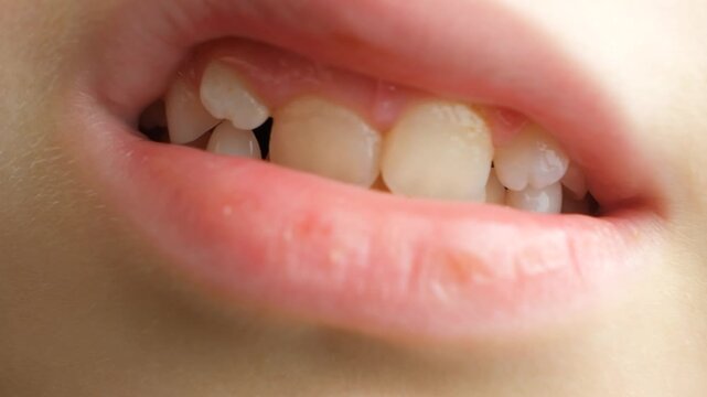 Child with crowded teeth. Crooked permanent and baby teeth in a 8 year old child mouth.
