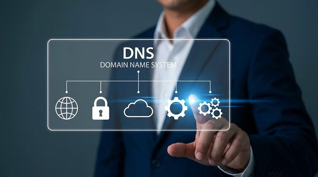 Businessman touching DNS Domain Name System interface with internet security icons