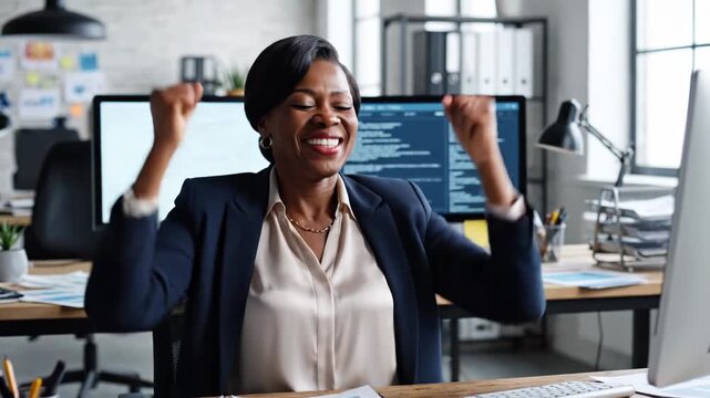 Businesswoman Office and Success smiling while reviewing financial charts in a modern workspace Productivity Achievement and Professionalism demonstrating positive results with data analysis