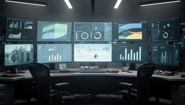 Medium shot of a process control room with illuminated screens displaying pressure flow and temperature data in a dimly lit environment emphasizing focus and precision.