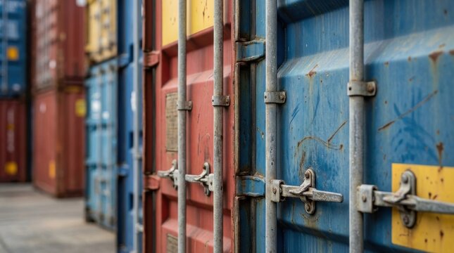 Close up on stacked blue red and yellow shipping containers displaying weathered paint rust and heavy duty locking bars