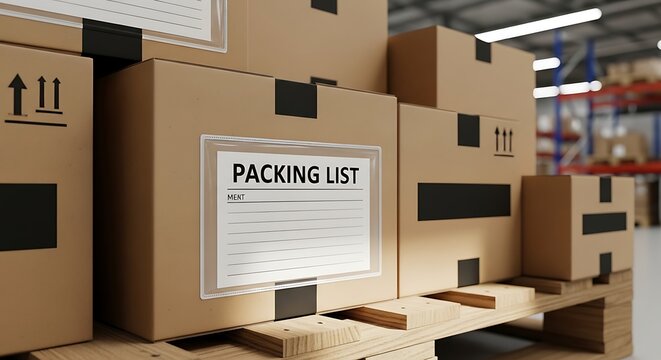 Warehouse cardboard boxes stacked on wooden pallet with packing list document attached for shipping and logistics distribution management service