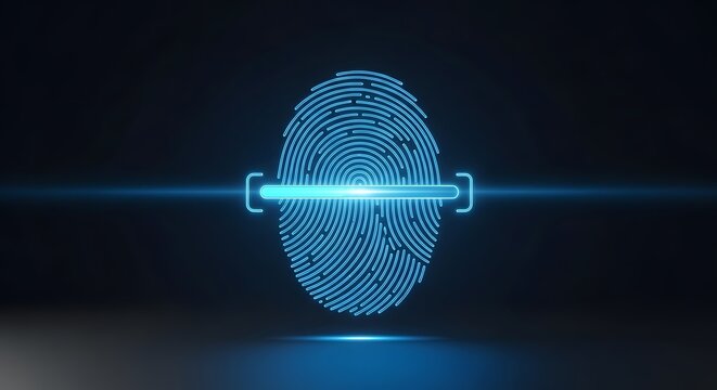 Glowing blue fingerprint scan with laser beam on dark gradient background for security and tech