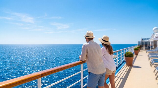 caucasian couple standing on cruise ship deck looking at blue ocean. summer vacation and romantic travel concept. sunny day with clear sky. copyspace, banner, website header.