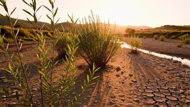 A serene yet concerning landscape depicts a parched riverbed at sunset, highlighting environmental challenges and the effects of drought. Ideal for il