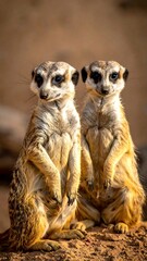 Fototapeta premium Two meerkats stand upright against an earthy backdrop, gazing with curious expressions