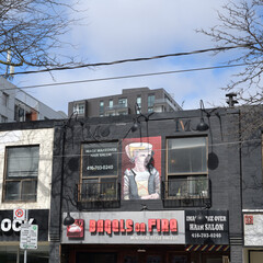 Naklejka premium signs for Image Make Over (a hair salon) and Bagels on Fire (a bakery) at 426 Queen St W, Toronto