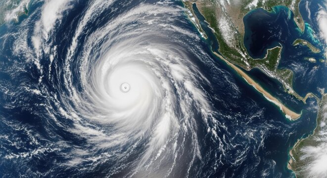 Severe tropical cyclone swirling over ocean with land visible from satellite