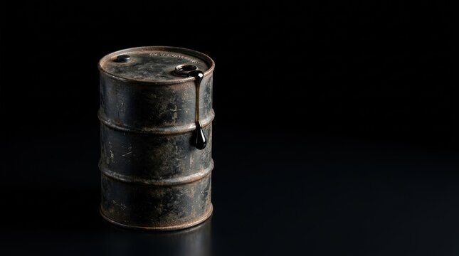 An old corroded metal drum featuring thick dark crude oil dripping from its top opening Black background