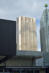 Naklejka premium Union Station entrance (from Maple Leaf Square/Bremner Blvd) with view of buildings incl Royal Bank Plaza, South Tower, and TD building at Brookfield Place, Toronto