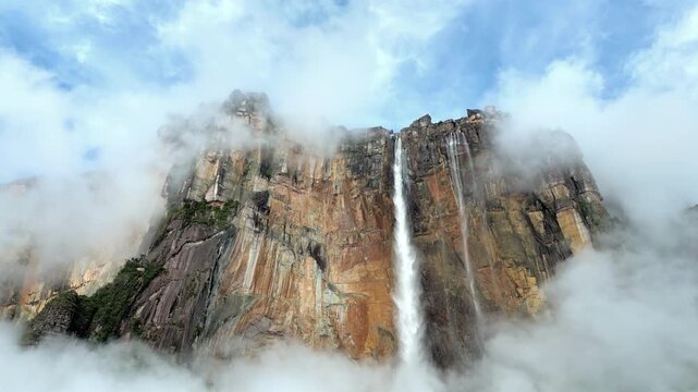 Aerial drone view of Angel Falls cascading from the Auyan tepui mountain in Canaima National Park, Venezuela, the tallest waterfall in the world