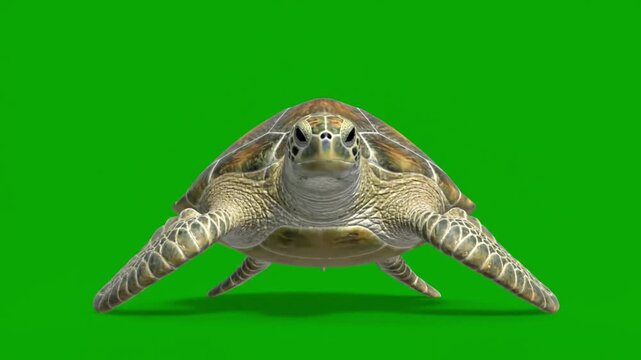 Close-up of a sea turtle on a green background, looking directly at the camera with its flippers outstretched.