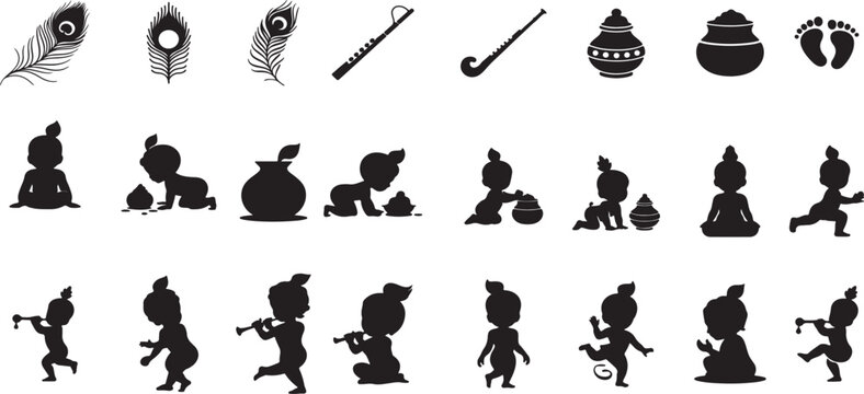 Silhouette vector icon set of Little Lord Krishna