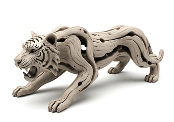Fototapeta premium Majestic abstract white tiger sculpture carved from weathered driftwood with detailed features and open mouth roar, isolated, driftwood art, animal carving, wooden sculpture