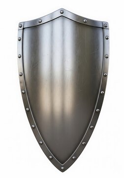 Polished steel medieval knight's heater shield with riveted metal edges, isolated on white background, protective armor, re enactment