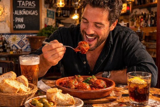 Mann genie&szlig;t Alb&oacute;ndigas in rustikalem spanischem Restaurant
L&auml;chelnder Mann isst w&uuml;rzige Alb&oacute;ndigas in einem rustikalen spanischen Restaurant mit Brot, Bier und authentischer Tapas-Atmosph&auml;re.