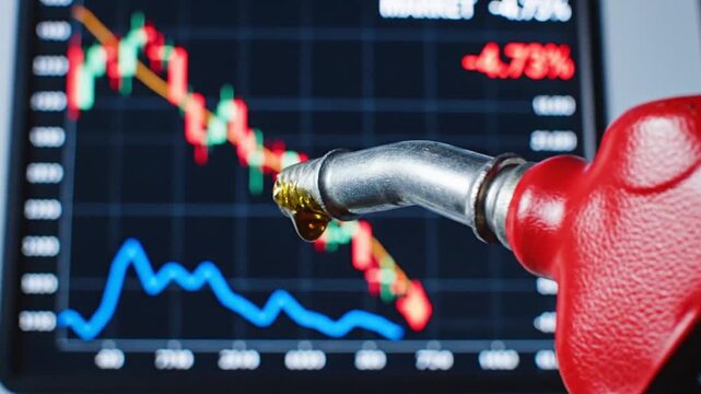 Oil price falling down and going low on stock market chart with dripping fuel nozzle showing economic recession and financial crisis impacting energy industry production and consumption
