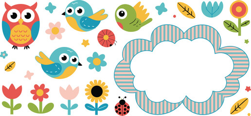 Naklejka premium Cute cartoon birds and owl with flowers ladybugs and cloud frame for kids name tags or school labels,