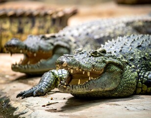 Obraz premium Two menacing crocodiles with open mouths basking in sunlight on a textured surface