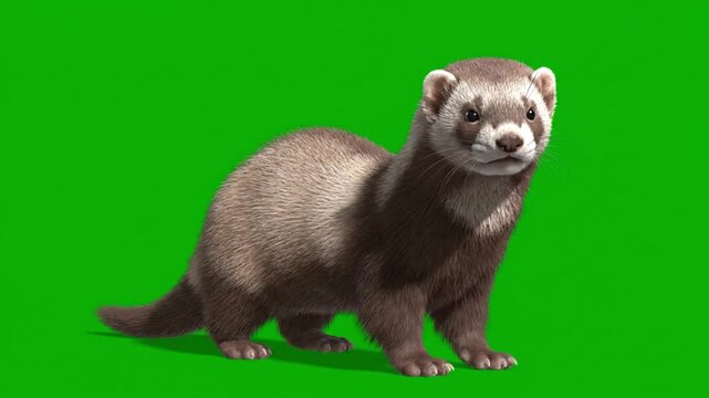 A ferret standing on a green screen background looking directly at the camera with its body angled to the right.