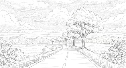 Obraz premium Empty Road Leading Through Rural Landscape with Trees and Fields.