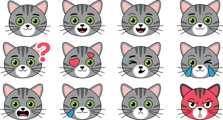 Obraz premium Set of cute cartoon gray cat head emoji icons with various facial expressions and emotions isolated on whiteite,